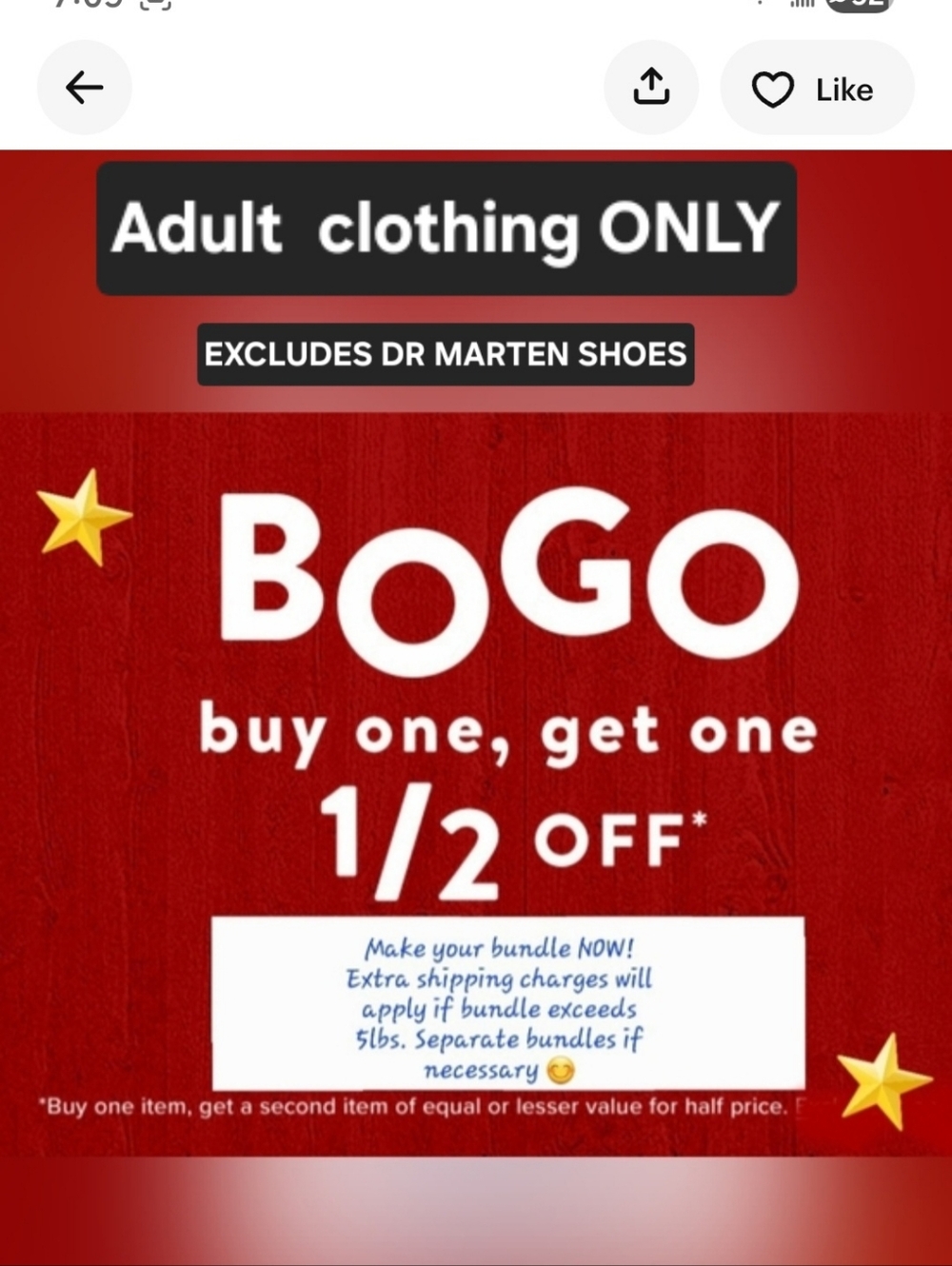 BOGO Buy One Get One 1/2 Off